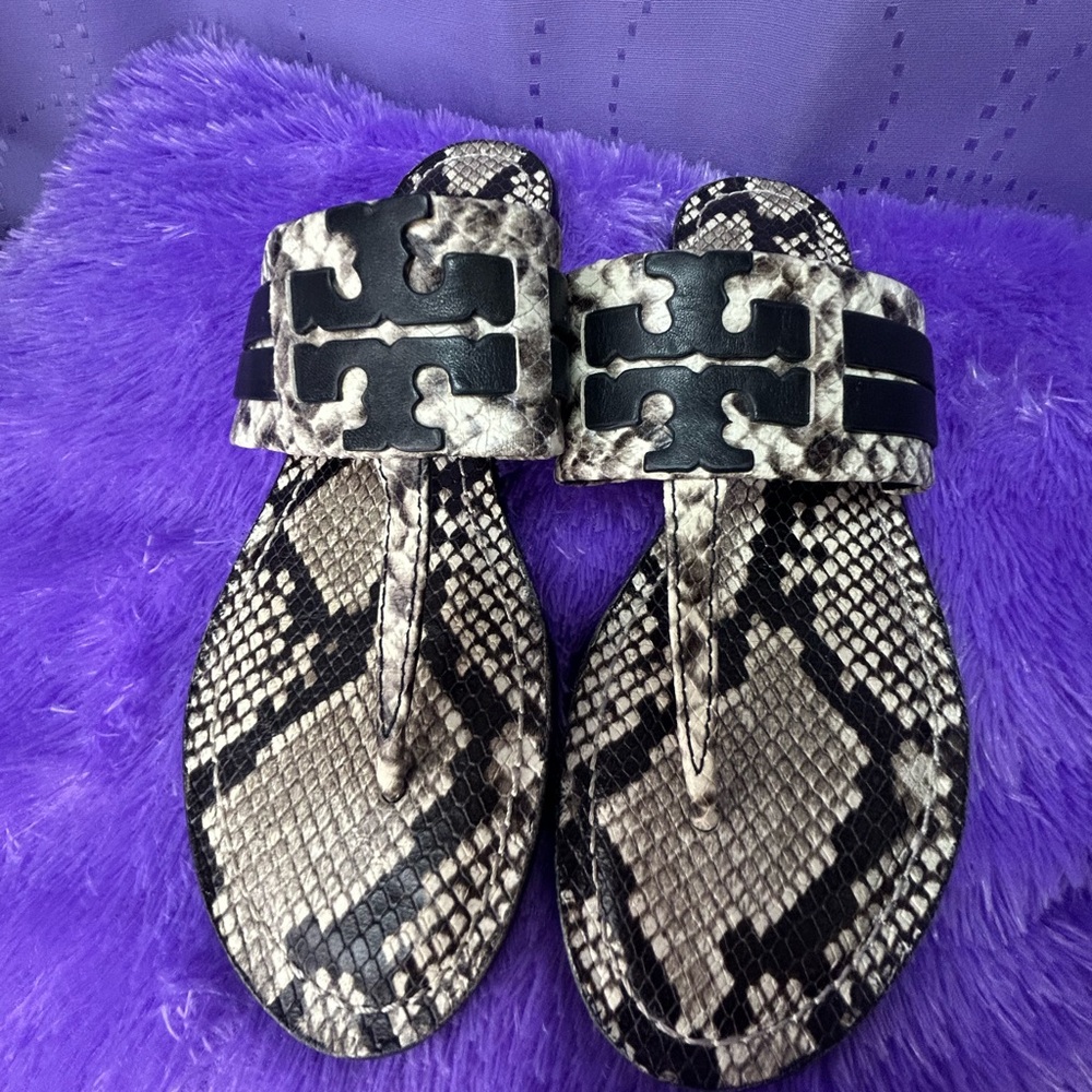 Tory Burch Leigh Snakeskin Pattern Sandals with Black Accents